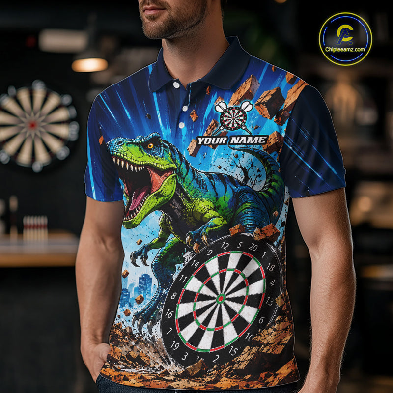 Man Wearing Personalized Dinosaur Funny Darts Polo Shirt with Athletic Performance Fit and Vibrant Dinosaur Graphic Artwork, Front View