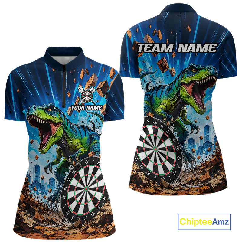 Personalized Dinosaur Funny Quarter Zip Darts Shirt Created for Dart League Teams with Performance Fabric, Custom Team Design, and Tournament Ready Comfort