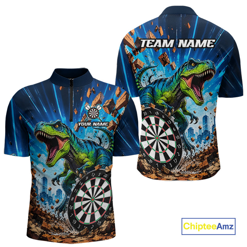Personalized Dinosaur Funny Quarter Zip Darts Shirt Created for Dart League Teams with Performance Fabric, Custom Team Design, and Tournament Ready Comfort