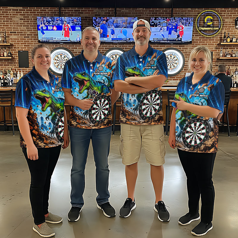 Dart Team Wearing Personalized Dinosaur Funny Darts Jerseys During League Competition and Tournament Matches, Front View