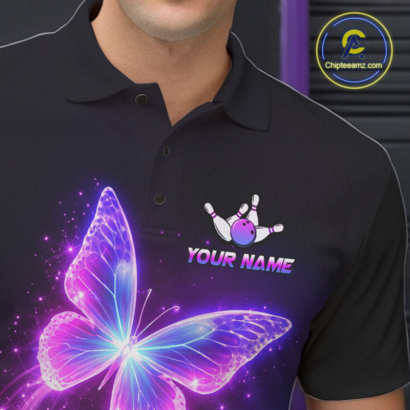 Black polo shirt with a butterfly design and customizable text on a dark background