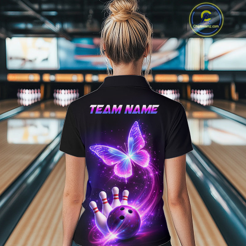 Person wearing a black shirt with a colorful design of a butterfly, bowling ball, and pins on the back, with 'TEAM NAME' text.