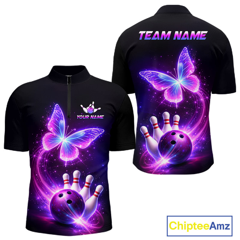 Black quarter zip shirt with butterfly and bowling design, customizable your name & team name