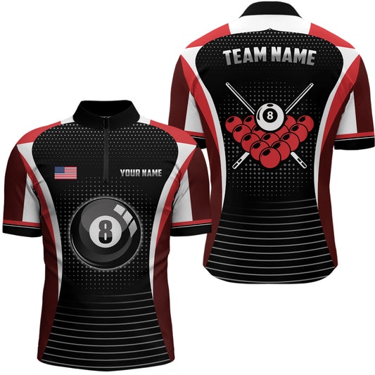Custom Black Red Billiard Jerseys Men Quarter-Zip Shirts Personalized 8 Ball Pool Shirts TDM0423