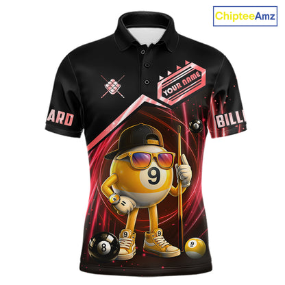 Black and red billiard polo shirt with funny 9 ball design, customizable your name & team name pool jersey for men