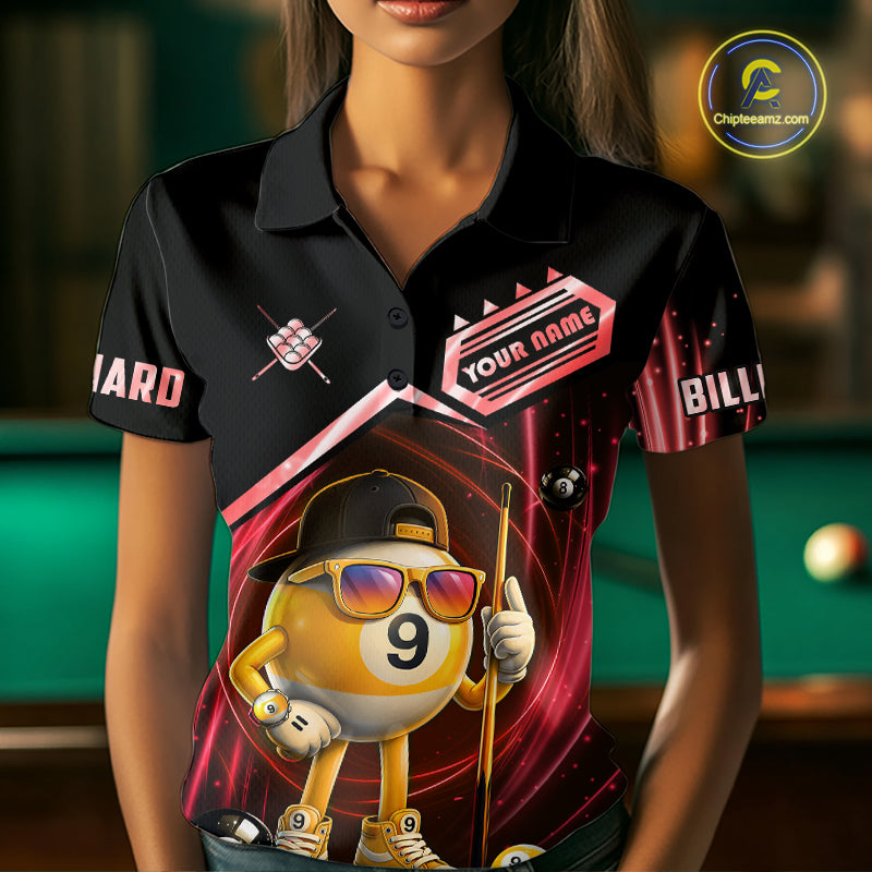 Red Funny 9 Ball Billiard Shirt For Women Custom Pool Team Shirt, Billiard Jersey Polo & 1/4 Zip TDM6614