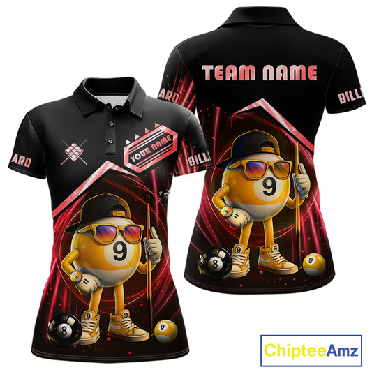 Black and red billiard polo shirt with funny 9 ball design, customizable your name & team name pool jersey for women