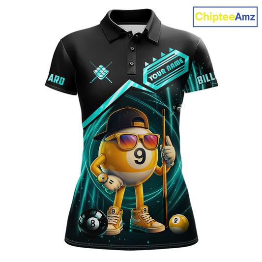 Black and turquoise billiard polo shirt with funny 9 ball design, customizable your name & team name pool jersey for women