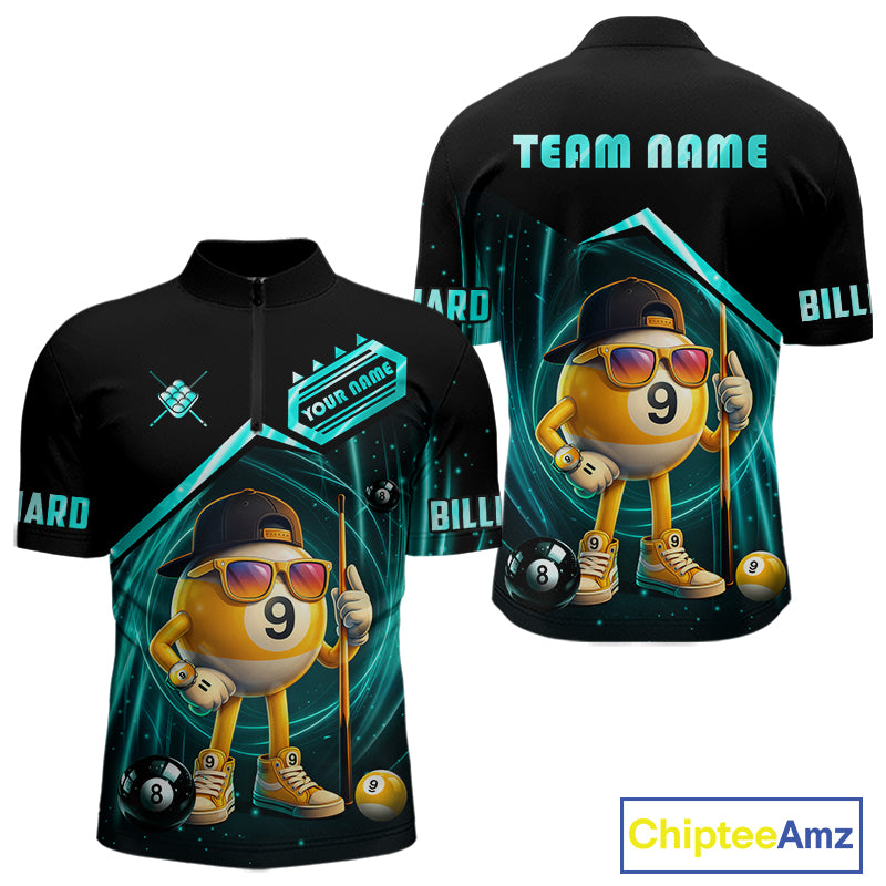 Black and turquoise billiard quarter zip shirt with funny 9 ball design, customizable your name & team name pool jersey for men