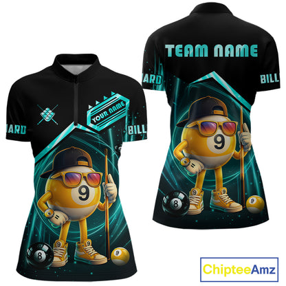 Black and turquoise billiard quarter zip shirt with funny 9 ball design, customizable your name & team name pool jersey for women