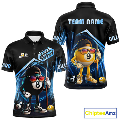 Black and blue billiard polo shirt with funny 8 ball and 9 ball design, customizable your name & team name pool jersey for men