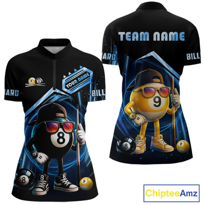 Black and blue billiard quarter zip shirt with funny 8 ball and 9 ball design, customizable your name & team name pool jersey for women
