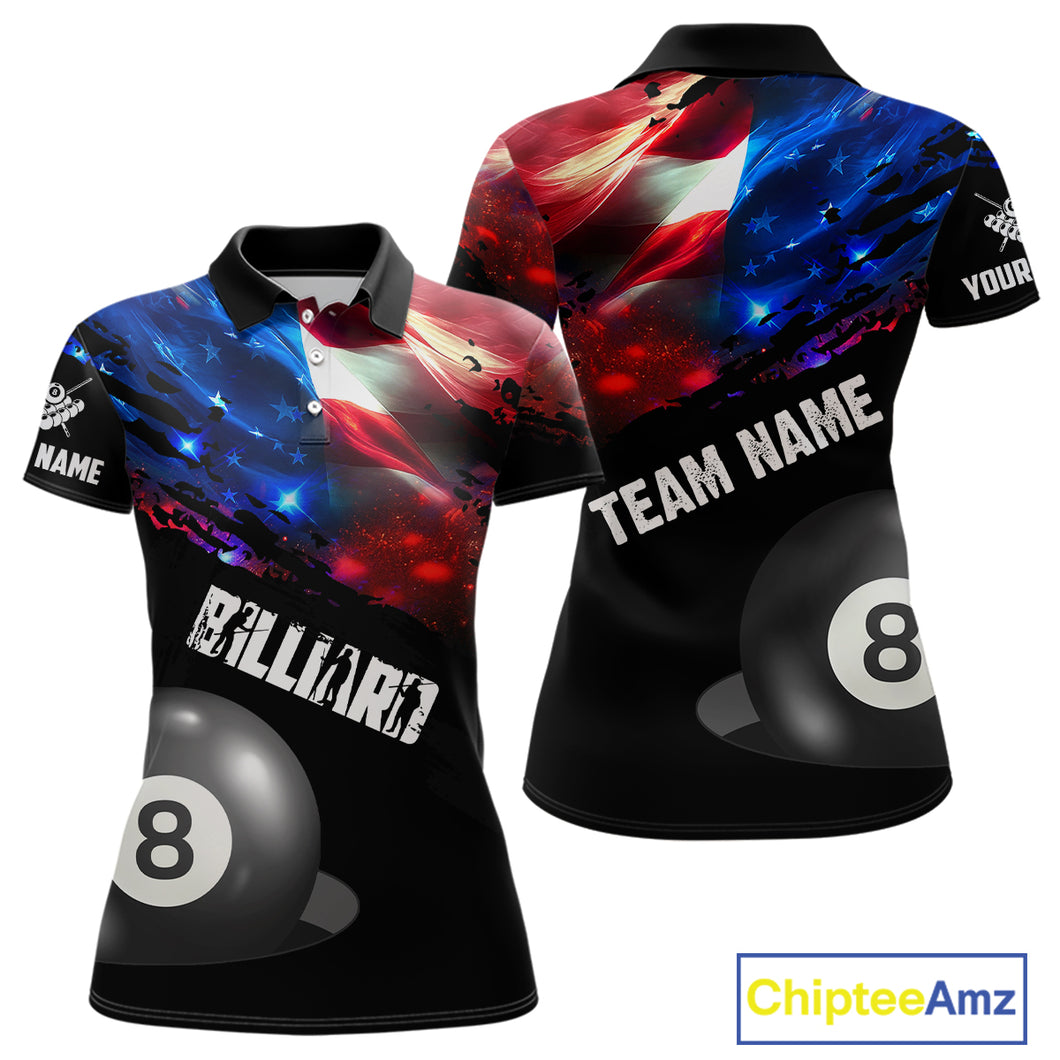 Personalized Glowing American Flag Billiard Shirt For Women Custom Patriotic 8 Ball Pool Team Jersey TDM4264