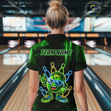 Load image into Gallery viewer, Back view of woman wearing a green funny neon bowling ball bowling polo shirt.