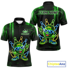 Load image into Gallery viewer, Green funny neon bowling ball bowling team polo shirt for men with vibrant neon bowling graphics.