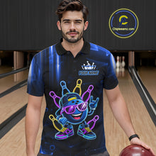 Load image into Gallery viewer, Man wearing a blue funny neon bowling ball bowling polo shirt front view, custom bowling league jersey for men.