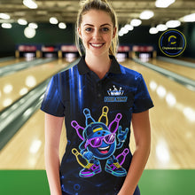 Load image into Gallery viewer, Woman wearing a blue funny neon bowling ball bowling polo shirt front view, custom bowling league jersey for women.