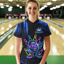 Load image into Gallery viewer, Woman wearing a blue funny neon bowling ball quarter zip bowling shirt front view, personalized bowling team apparel.