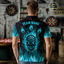 Load image into Gallery viewer, Fire Flame Skull Darts Polo &amp; Quarter Zip Custom Darts Shirts For Men, Darts Team Jersey|Turquoise TDM5320