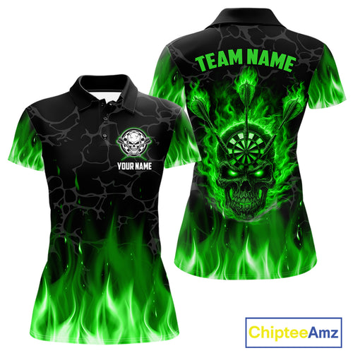 Fire Flame Skull Darts Polo & Quarter Zip Custom Darts Shirts For Women, Darts Team Jersey|Green TDM5321