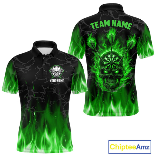 Fire Flame Skull Darts Polo & Quarter Zip Custom Darts Shirts For Men, Darts Team Jersey|Green TDM5321