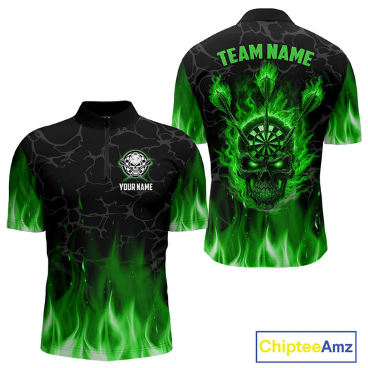 Fire Flame Skull Darts Polo & Quarter Zip Custom Darts Shirts For Men, Darts Team Jersey|Green TDM5321