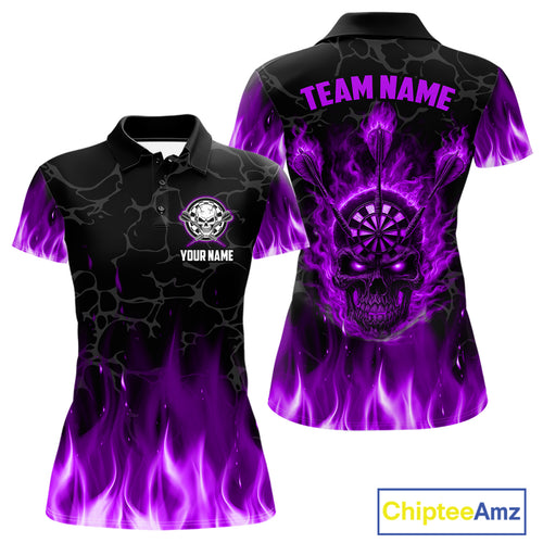 Fire Flame Skull Darts Polo & Quarter Zip Custom Darts Shirts For Women, Darts Team Jersey|Purple TDM5322