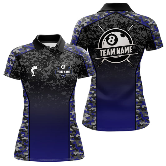 Navy Blue Camo 8 Ball Billiard Shirt For Women Custom Pool Team Shirt, Billiard Jersey Polo & 1/4 Zip TDM5580