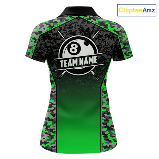 Green Camo 8 Ball Billiard Shirt For Women Custom Pool Team Shirt, Billiard Jersey Polo & 1/4 Zip TDM6201