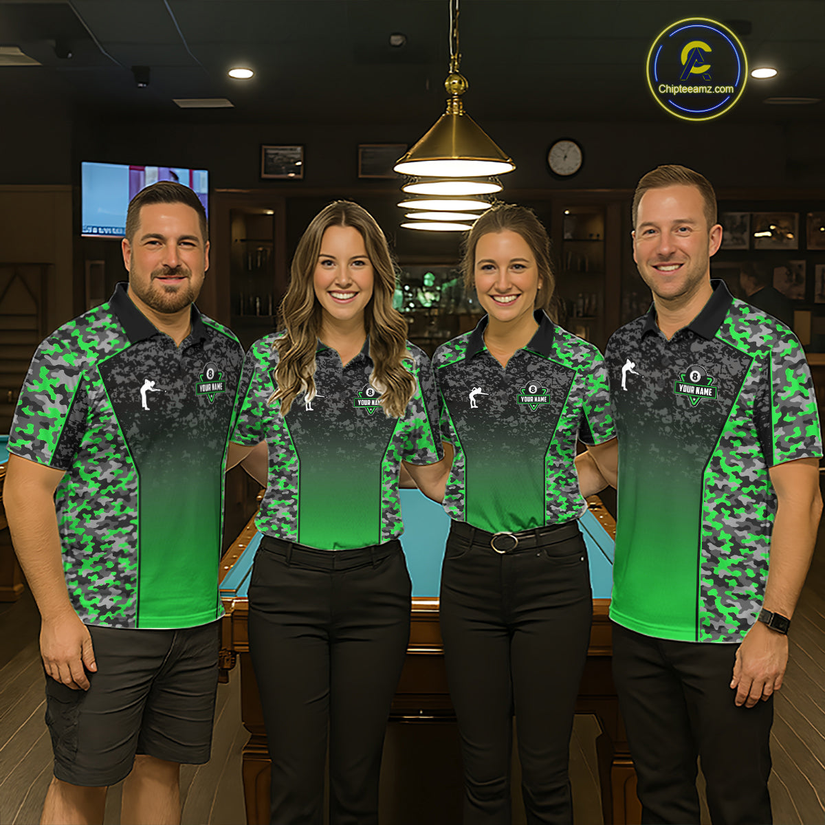 Green Camo 8 Ball Billiard Shirt For Women Custom Pool Team Shirt, Billiard Jersey Polo & 1/4 Zip TDM6201