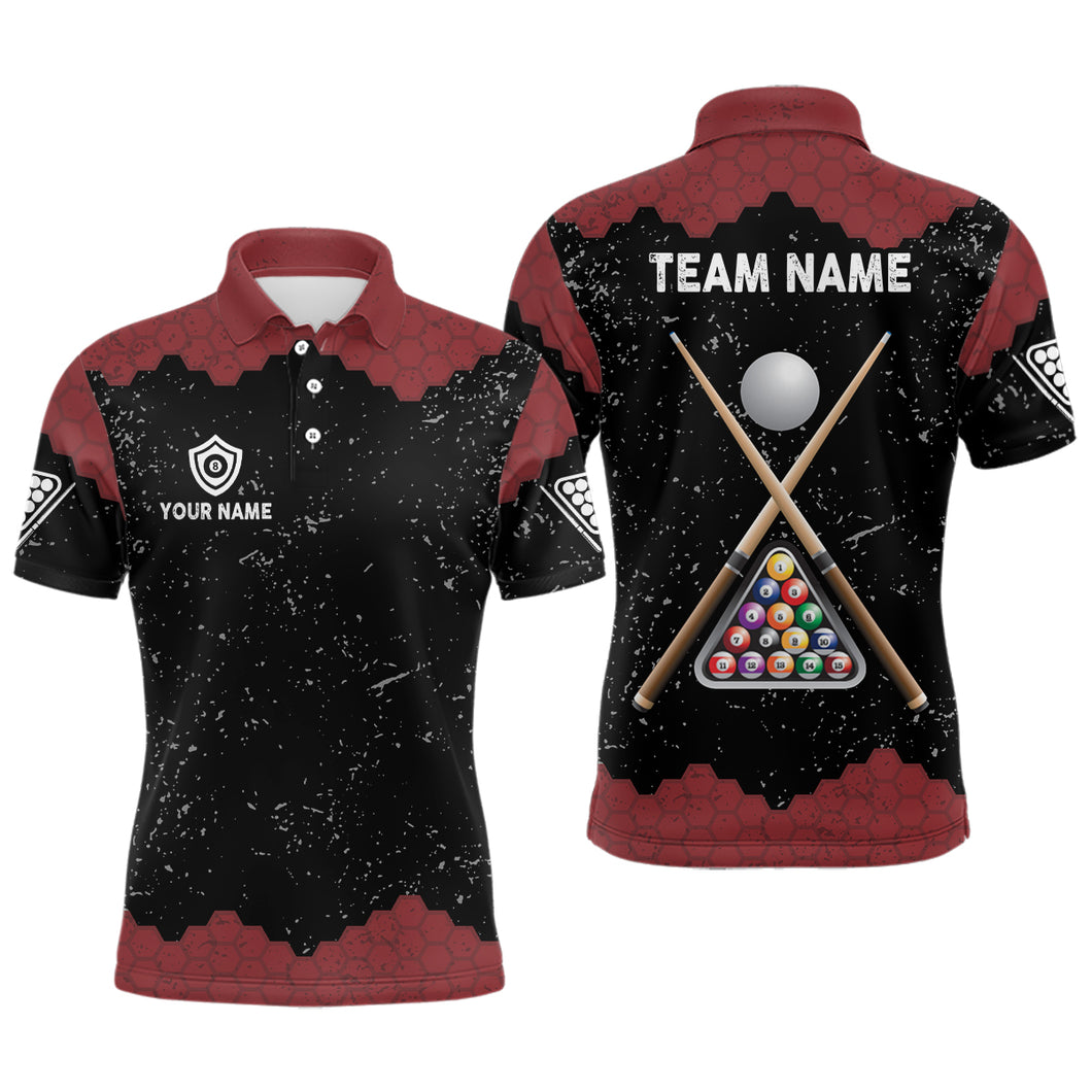 Personalized Grunge Black Red Billiards And Cue Polo Shirts For Men Custom Billiards Team Shirts TDM0232