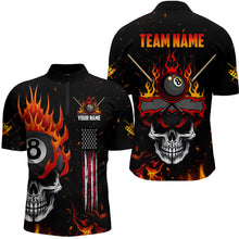 Load image into Gallery viewer, Personalized Fire Flame Skull American Flag Billiard Shirts For Men, 8 Ball Pool Billiard Jerseys TDM3340