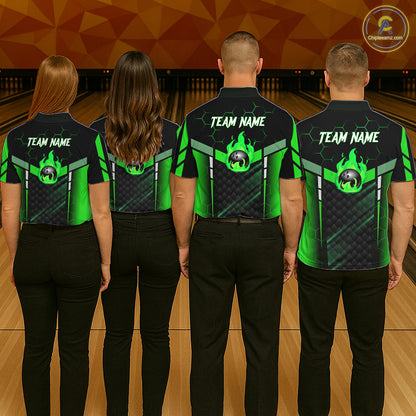 Black And Green Bowling Jersey For Men Custom Flame Bowling Shirt Team Polo & Quarter Zip TDM5825