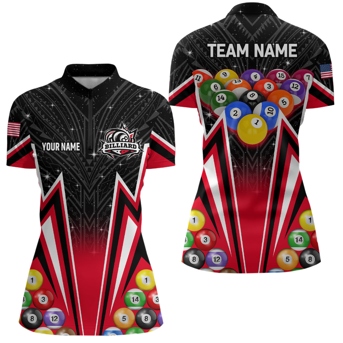 Custom Red 3D 8 Ball Billiard Jersey Women Quarter-Zip 8 Ball Pool Team League Billiard Shirt TDM1151