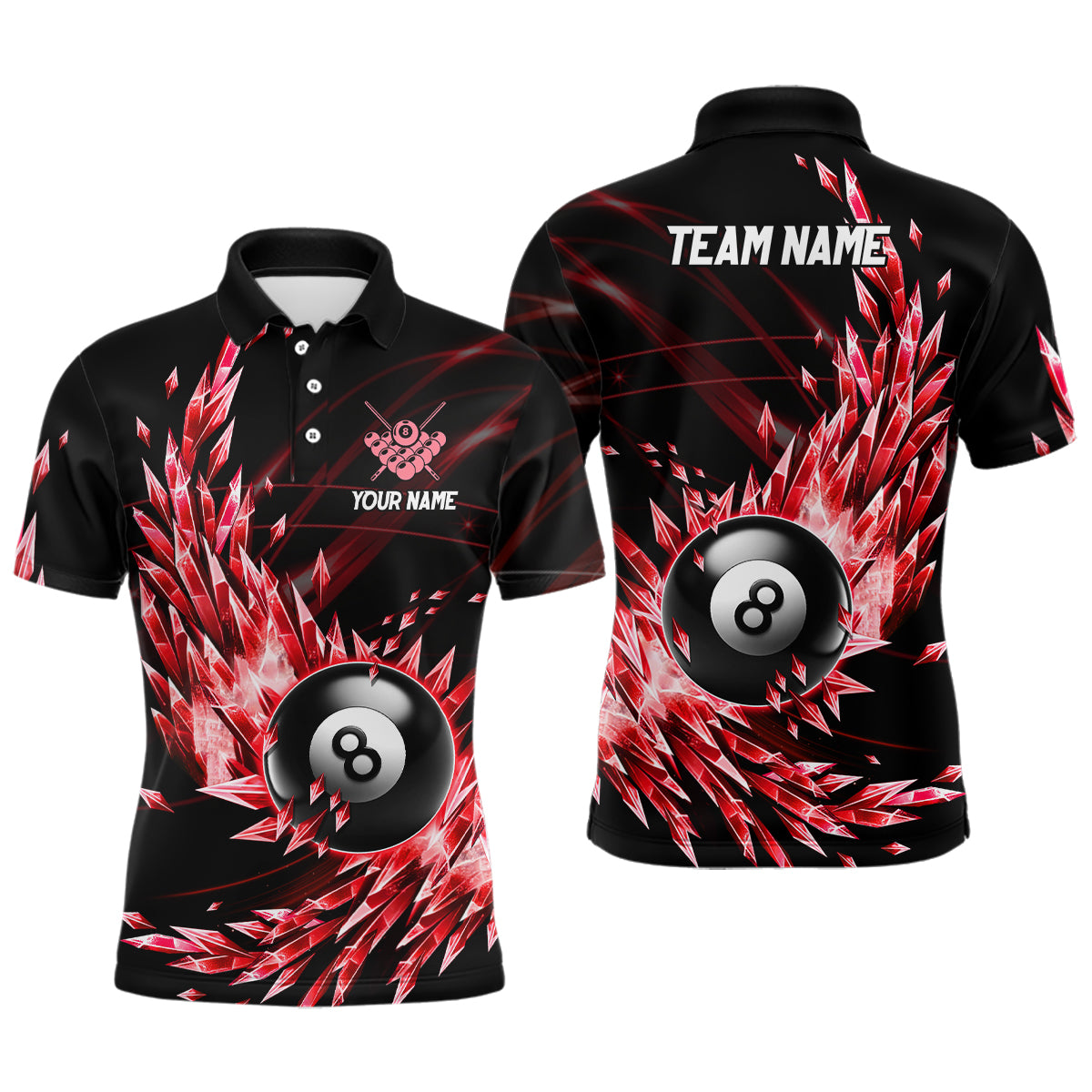 3D Red Frozen Ice Custom Men Billiard Polo & Quarter-Zip Shirts, 8 Ball Pool Billiard Attire Jersey TDM1705