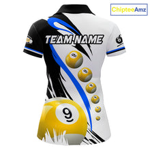 Load image into Gallery viewer, Blue 8 ball and 9 ball pool team polo shirt for women with custom billiard graphics.