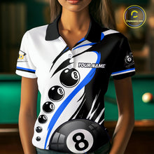 Load image into Gallery viewer, Woman wearing a blue 8 ball and 9 ball billiard jersey front view.
