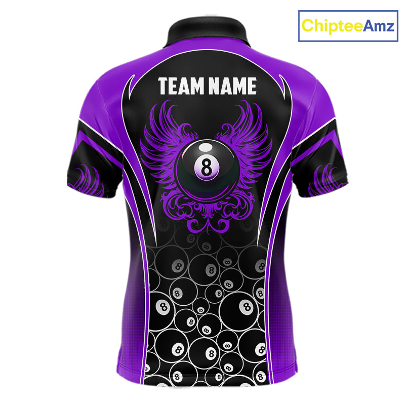 Custom Black and Purple 8 Ball Wings Pool Polo Shirt for Men Designed for Personalized Billiard Team Jerseys with Premium Athletic Performance, Dynamic Wing Graphics, and League Ready Style