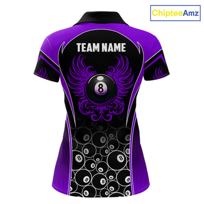 Custom Black and Purple 8 Ball Wings Pool Polo Shirt for Women Designed for Personalized Billiard Team Jerseys with Premium Athletic Performance, Dynamic Wing Graphics, and League Ready Style