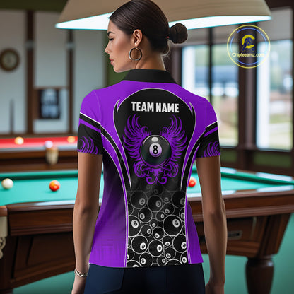 Woman Wearing Personalized Black and Purple 8 Ball Wings Custom Pool Team Jersey Featuring the Complete Rear Graphic Design, Back View