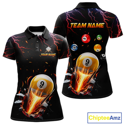 Custom Thunder Lightning Strike 9 Ball Pool Billiard Polo Shirt for Women Featuring Powerful Lightning Artwork for Pool League Players, Team Competition, and Tournament Events