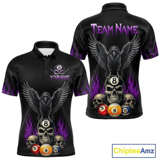 Custom Purple Raven 8 Ball Pool Skull Polo Shirt for Men Designed for Personalized Billiard Team Jerseys with Premium Athletic Performance and Striking Halloween Graphics