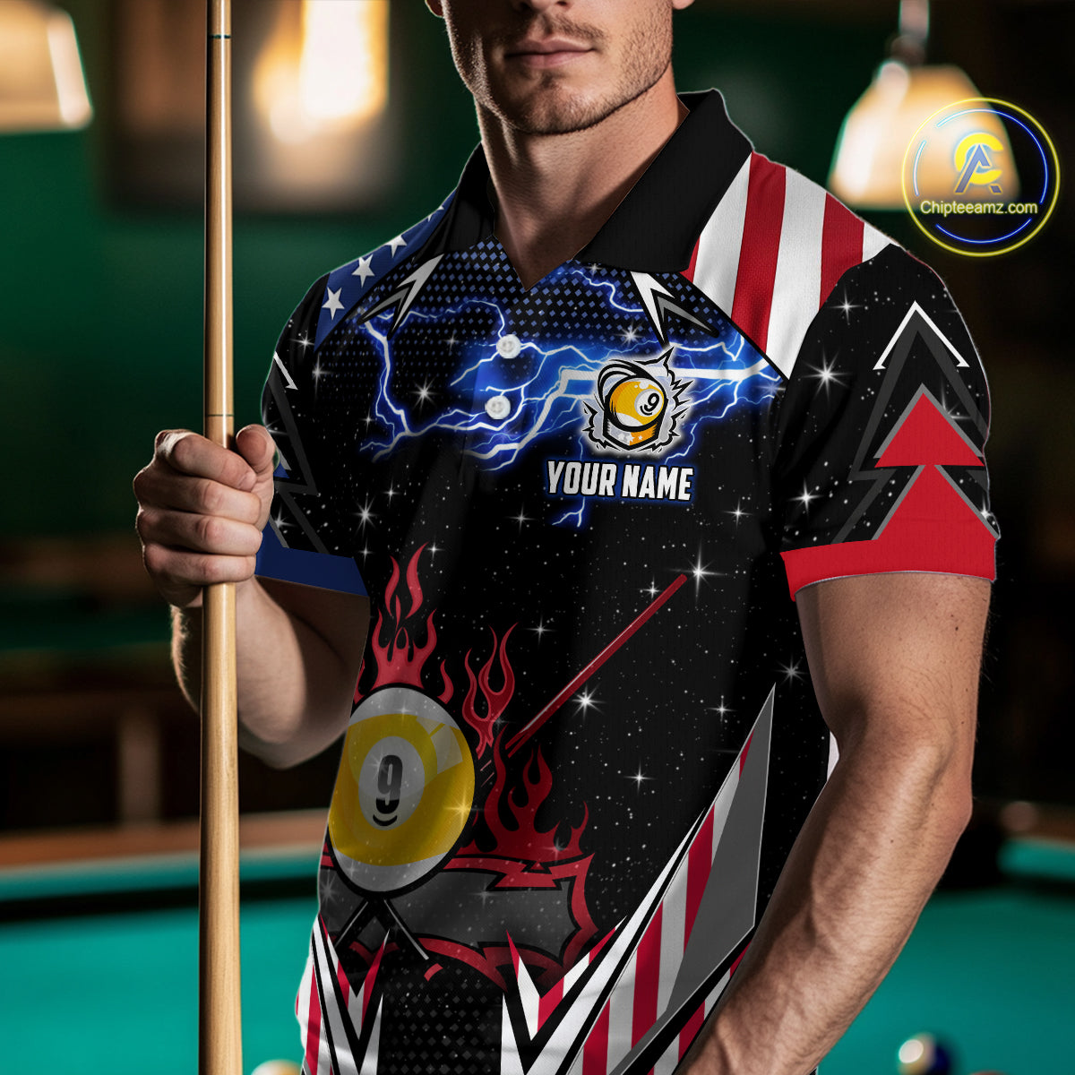 9 Ball Pool Billiard Jerseys Custom Lightning American Flag Men Billiard Shirts, 9 Ball Team Shirts TDM2867