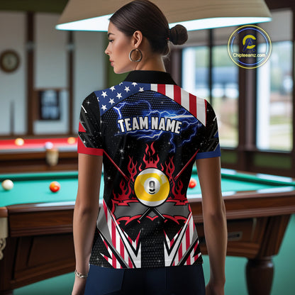 9 Ball Pool Billiard Jerseys Custom Lightning American Flag Women Billiard Shirts, 9 Ball Team Shirts TDM2867