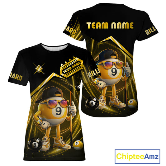 Yellow Funny 9 Ball Billiard T-Shirt For Women Custom Pool Team Shirt, Billiard League Jersey TDM5835