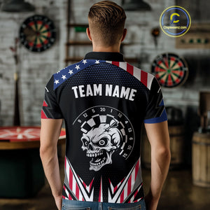 Personalized Patriotic Skull Darts Shirt For Men Custom American Flag Darts Jersey Polo & 1/4 Zip TDM4463