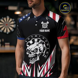 Personalized Patriotic Skull Darts Shirt For Men Custom American Flag Darts Jersey Polo & 1/4 Zip TDM4463