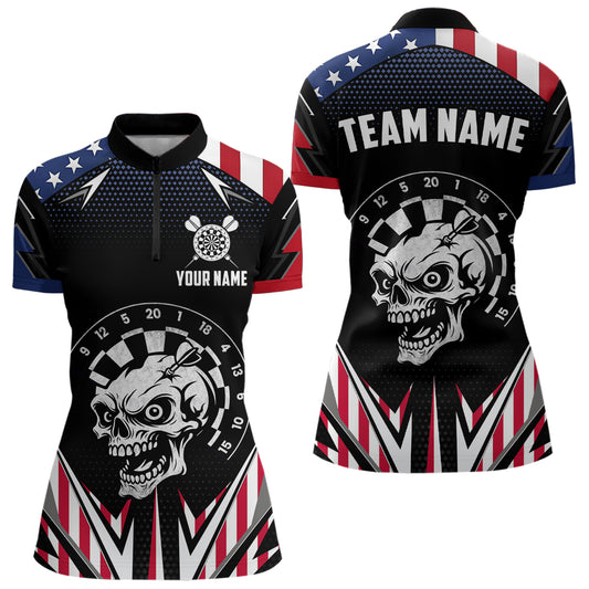 Personalized Patriotic Skull Darts Shirt For Women Custom American Flag Darts Jersey Polo & 1/4 Zip TDM4463