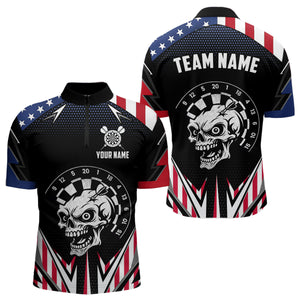 Personalized Patriotic Skull Darts Shirt For Men Custom American Flag Darts Jersey Polo & 1/4 Zip TDM4463