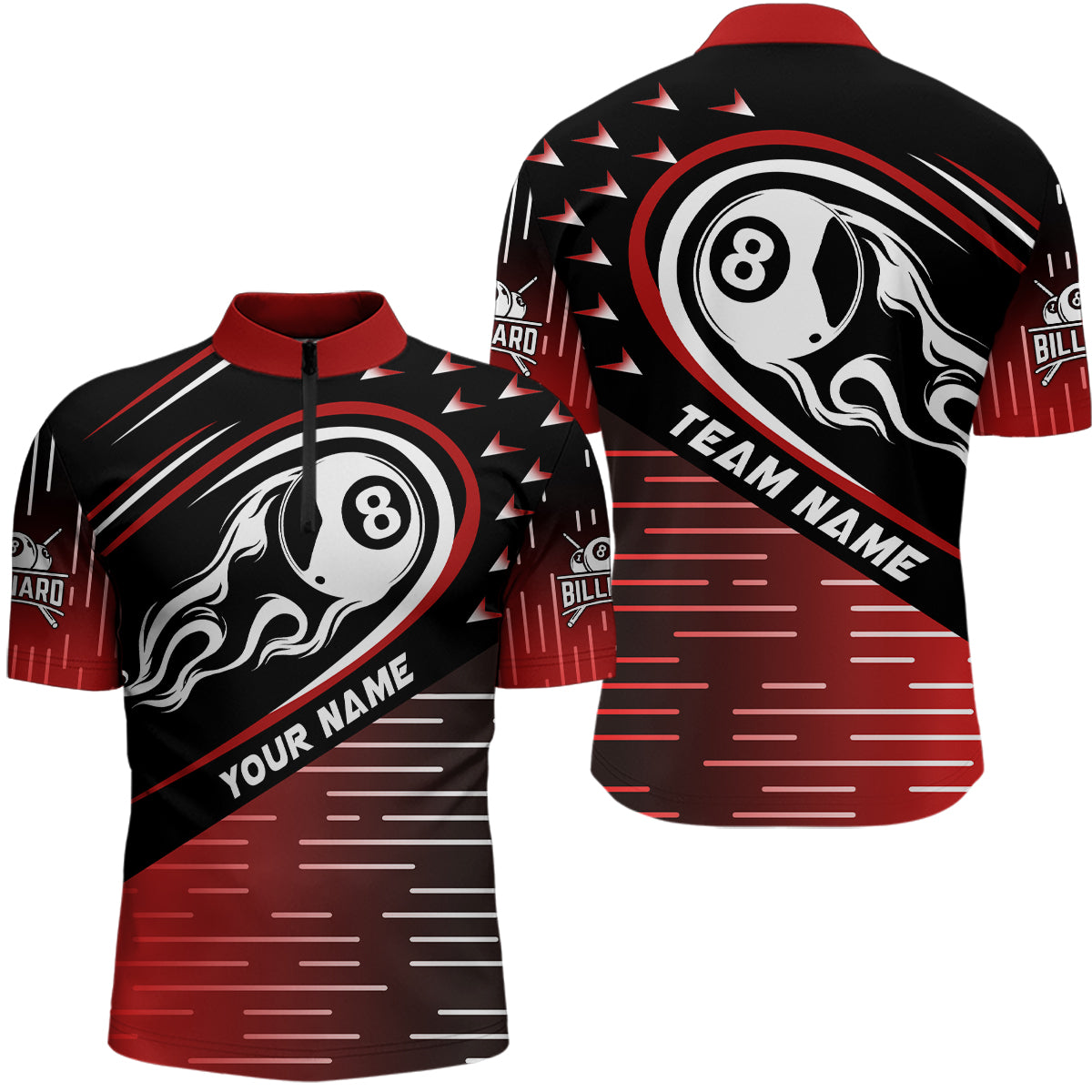 Personalized Red Black Flaming 8 Ball Men Quarter-Zip Shirts Custom Billiard Team Shirts TDM0455